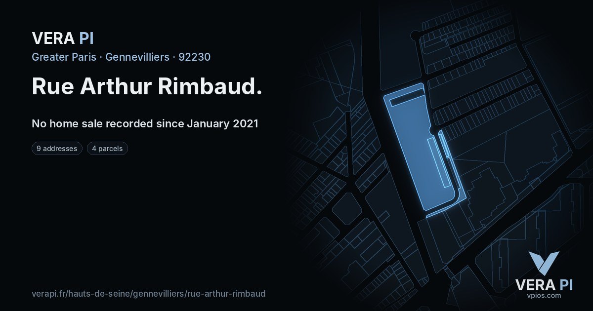 Rue Arthur Rimbaud, Gennevilliers at night – every parcel coloured by the prices around it, the street's own parcels lit