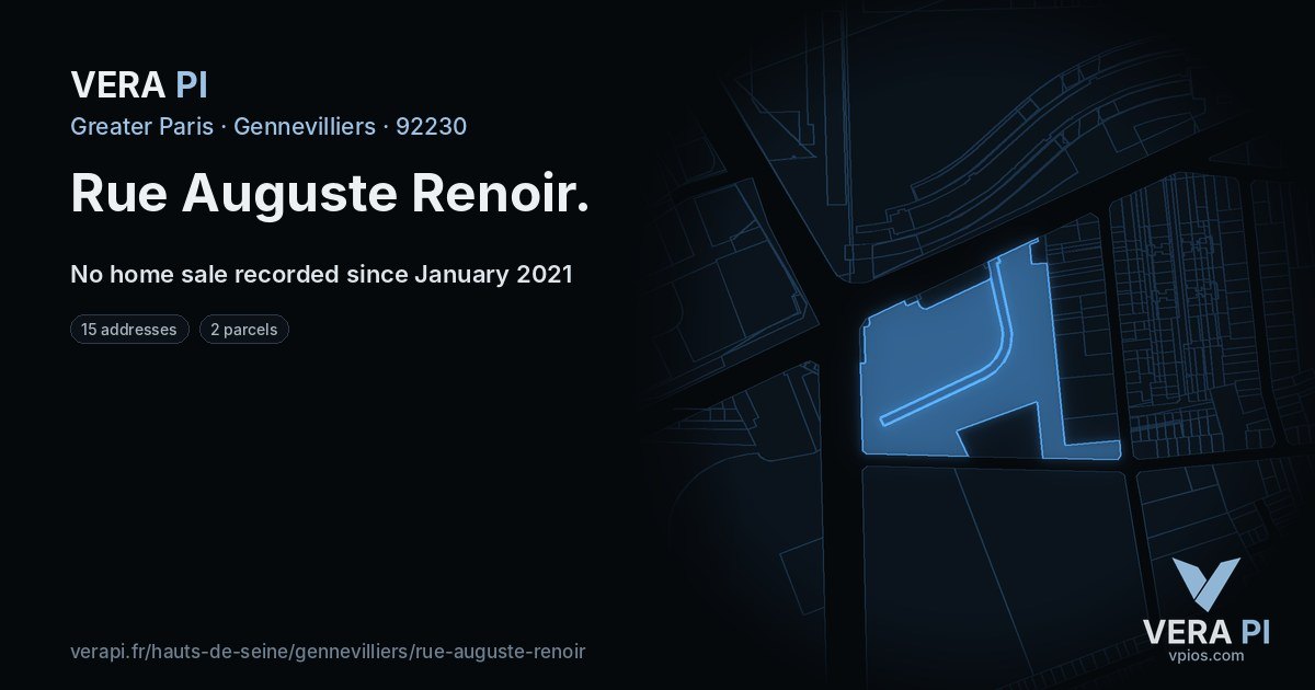 Rue Auguste Renoir, Gennevilliers at night – every parcel coloured by the prices around it, the street's own parcels lit
