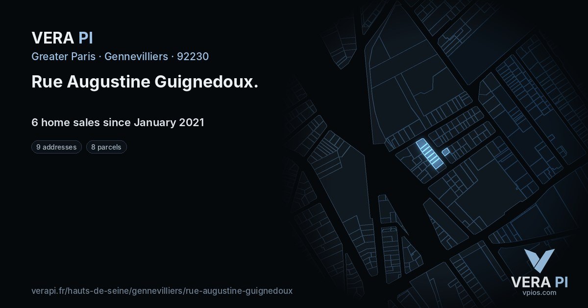 Rue Augustine Guignedoux, Gennevilliers at night – every parcel coloured by the prices around it, the street's own parcels lit