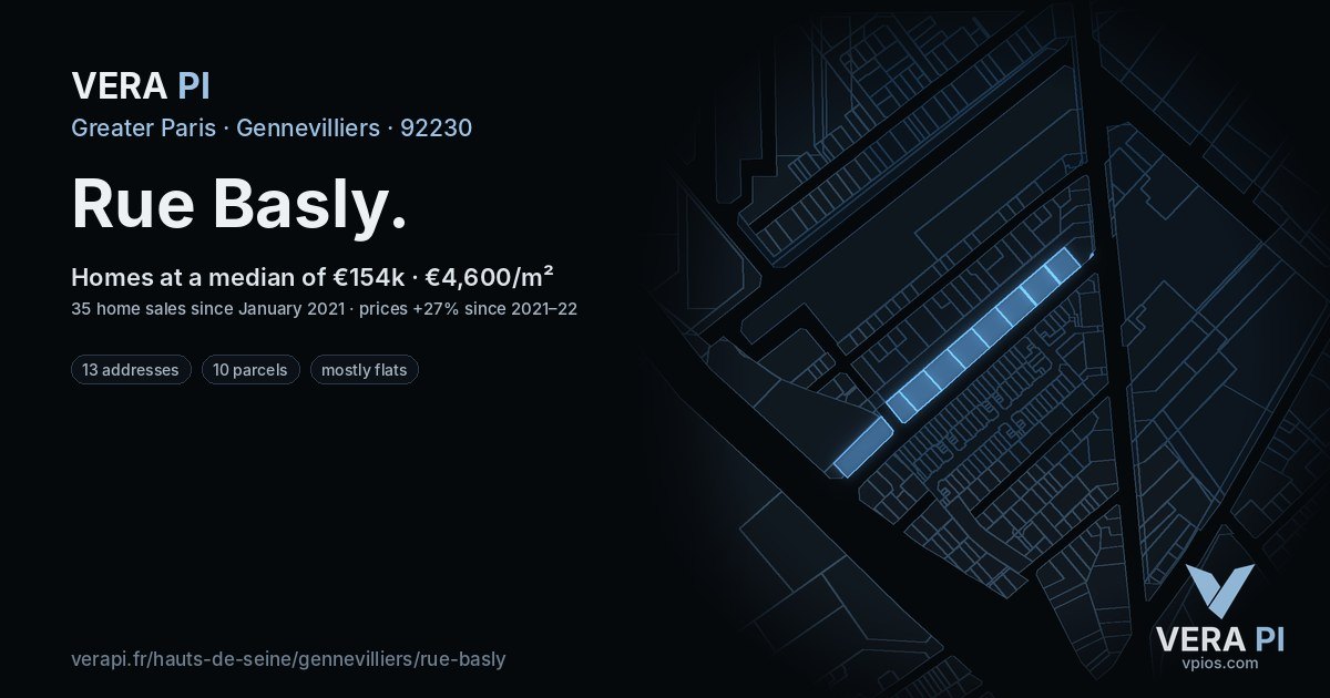 Rue Basly, Gennevilliers at night – every parcel coloured by the prices around it, the street's own parcels lit