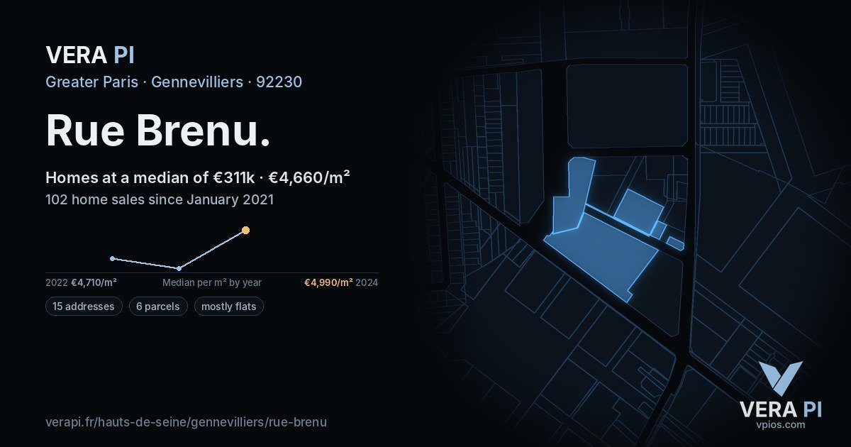 Rue Brenu, Gennevilliers at night – every parcel coloured by the prices around it, the street's own parcels lit