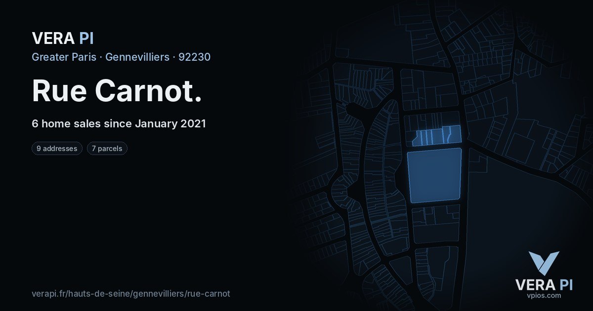 Rue Carnot, Gennevilliers at night – every parcel coloured by the prices around it, the street's own parcels lit