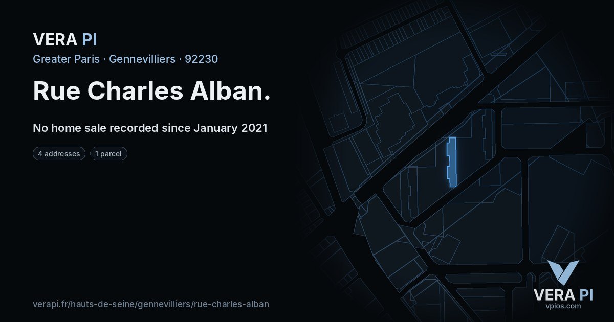 Rue Charles Alban, Gennevilliers at night – every parcel coloured by the prices around it, the street's own parcels lit