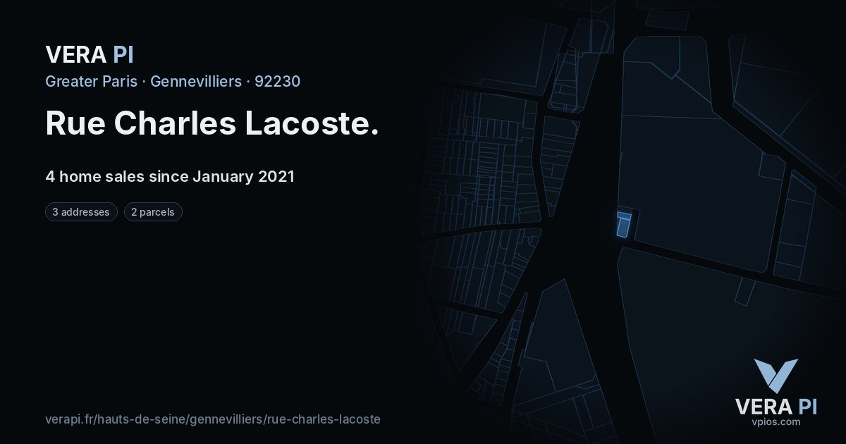 Rue Charles Lacoste, Gennevilliers at night – every parcel coloured by the prices around it, the street's own parcels lit