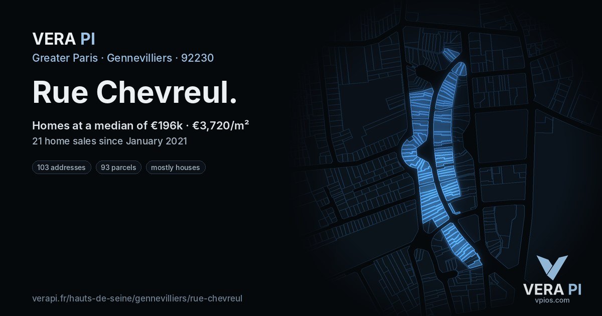 Rue Chevreul, Gennevilliers at night – every parcel coloured by the prices around it, the street's own parcels lit