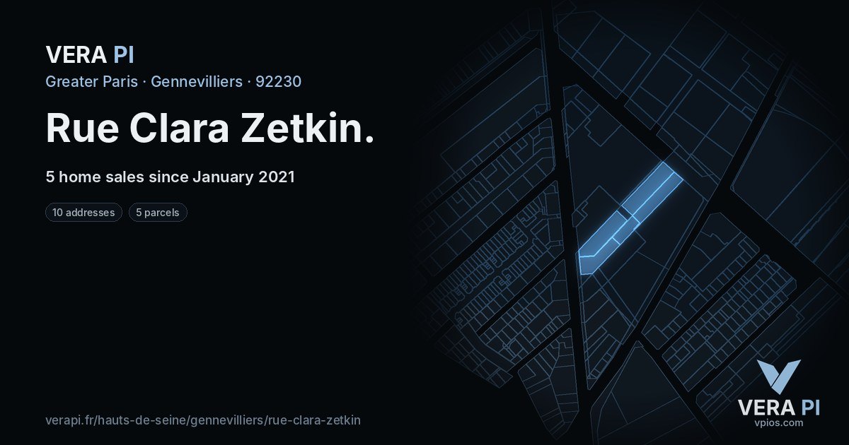 Rue Clara Zetkin, Gennevilliers at night – every parcel coloured by the prices around it, the street's own parcels lit