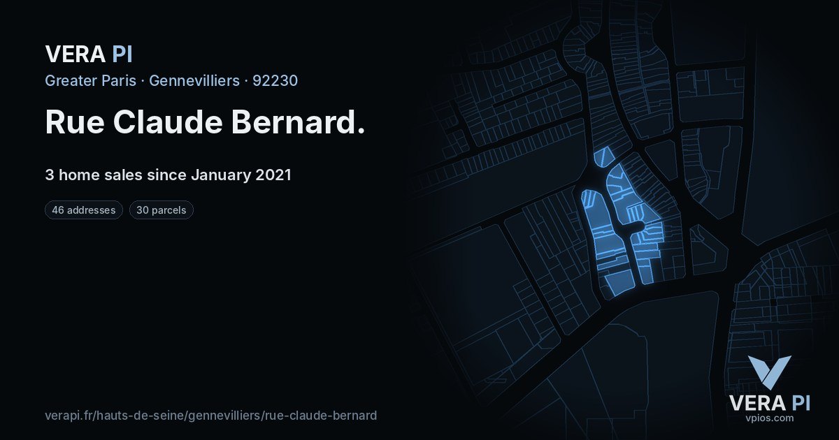 Rue Claude Bernard, Gennevilliers at night – every parcel coloured by the prices around it, the street's own parcels lit