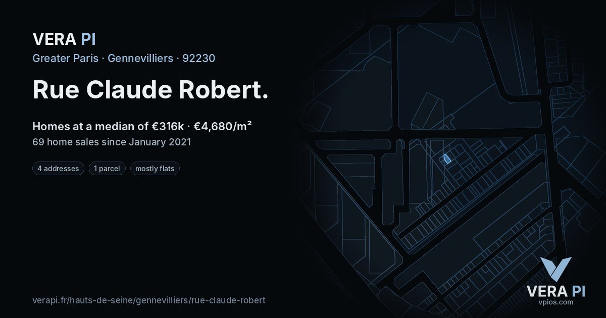 Rue Claude Robert, Gennevilliers at night – every parcel coloured by the prices around it, the street's own parcels lit