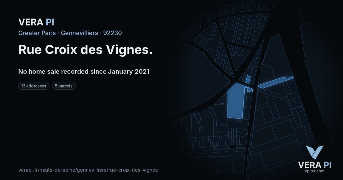 Rue Croix des Vignes, Gennevilliers at night – every parcel coloured by the prices around it, the street's own parcels lit
