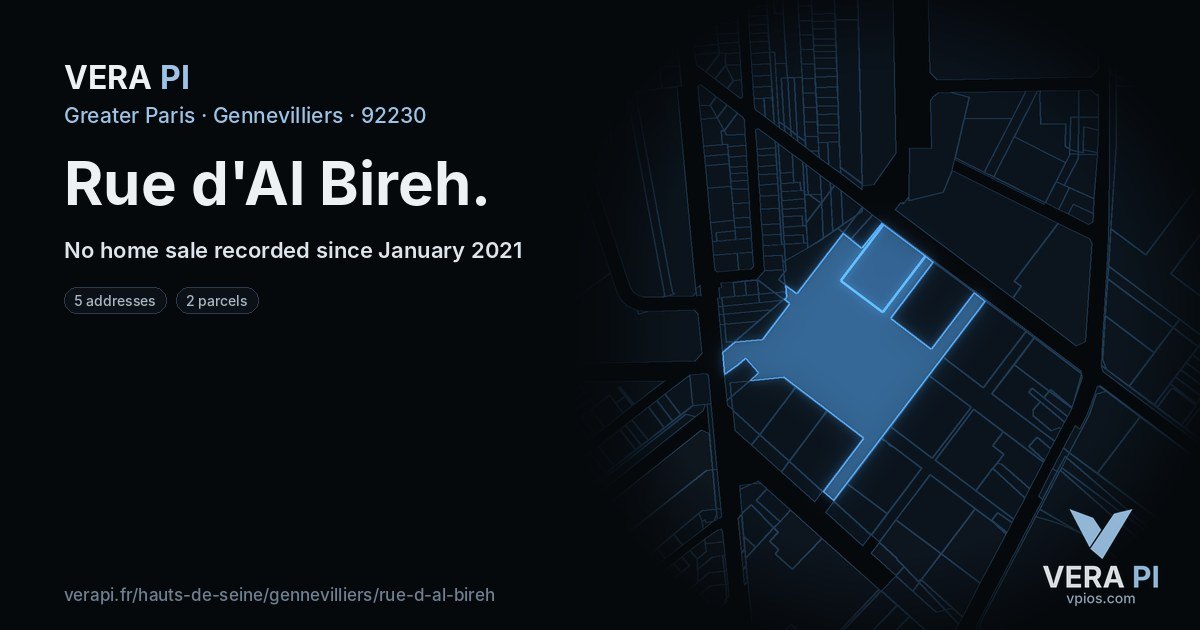 Rue d'Al Bireh, Gennevilliers at night – every parcel coloured by the prices around it, the street's own parcels lit