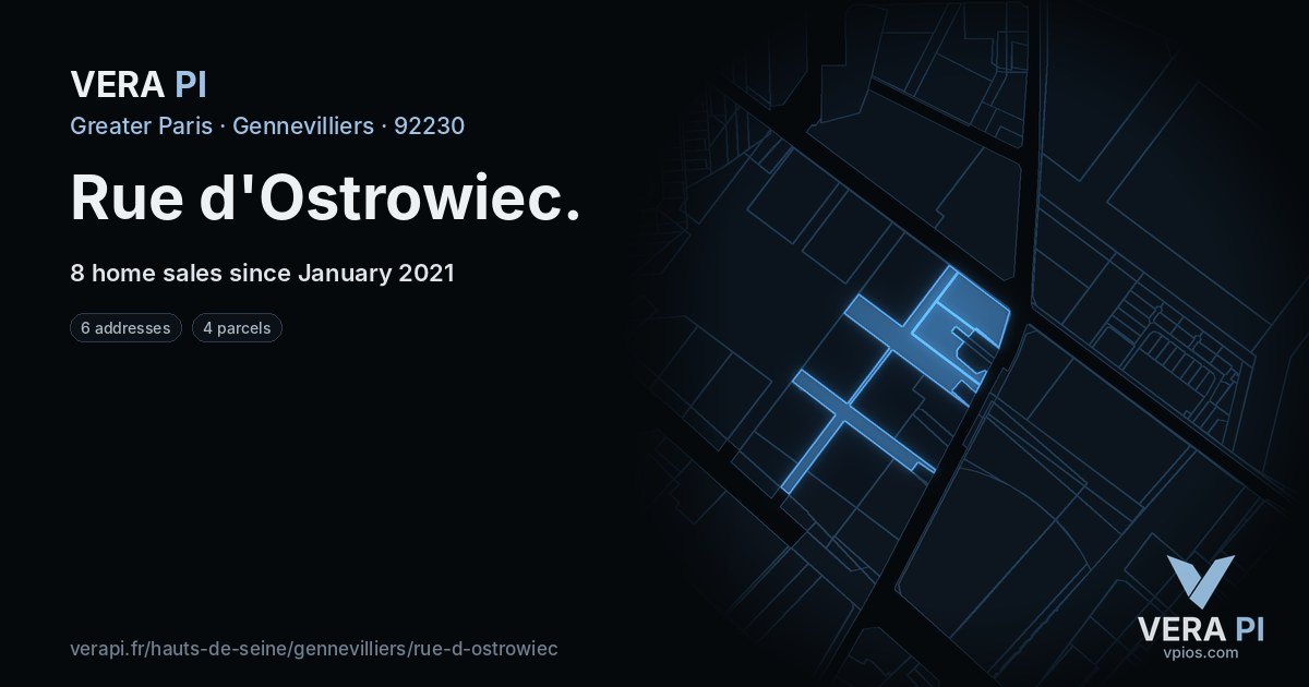 Rue d'Ostrowiec, Gennevilliers at night – every parcel coloured by the prices around it, the street's own parcels lit