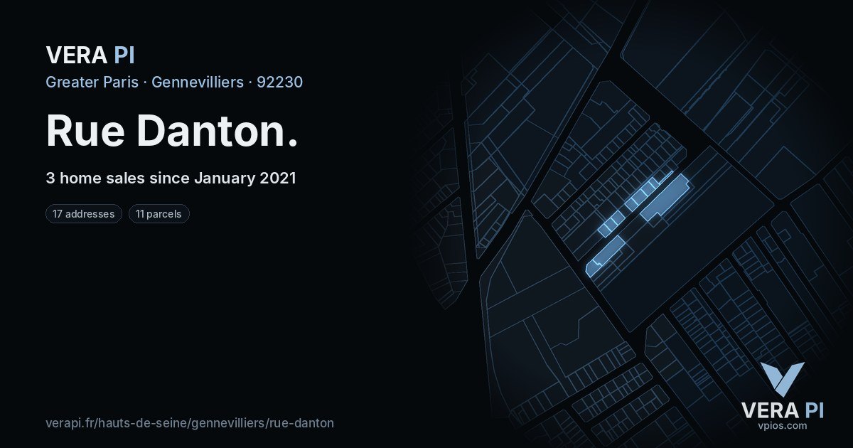 Rue Danton, Gennevilliers at night – every parcel coloured by the prices around it, the street's own parcels lit