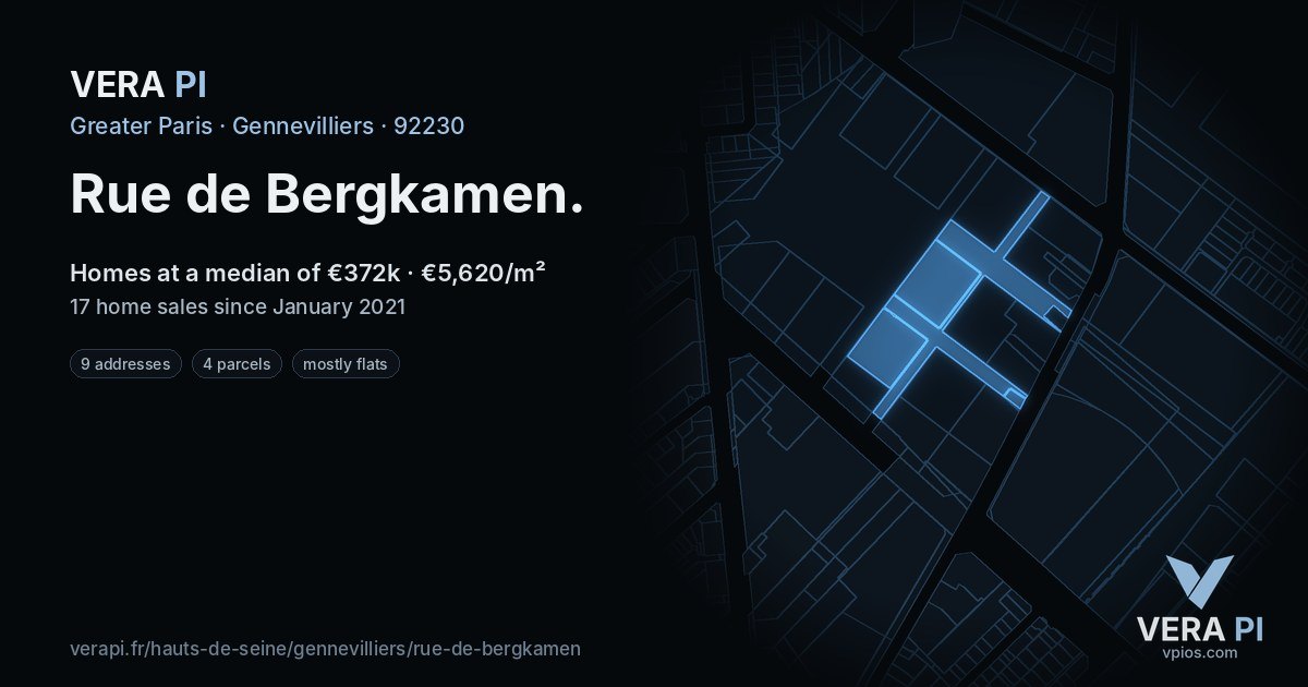 Rue de Bergkamen, Gennevilliers at night – every parcel coloured by the prices around it, the street's own parcels lit
