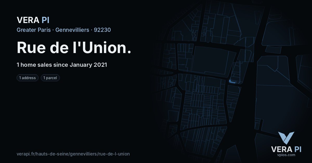 Rue de l'Union, Gennevilliers at night – every parcel coloured by the prices around it, the street's own parcels lit