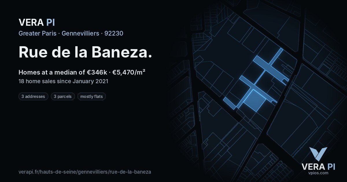 Rue de la Baneza, Gennevilliers at night – every parcel coloured by the prices around it, the street's own parcels lit