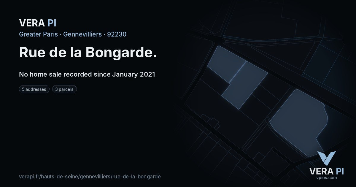 Rue de la Bongarde, Gennevilliers at night – every parcel coloured by the prices around it, the street's own parcels lit