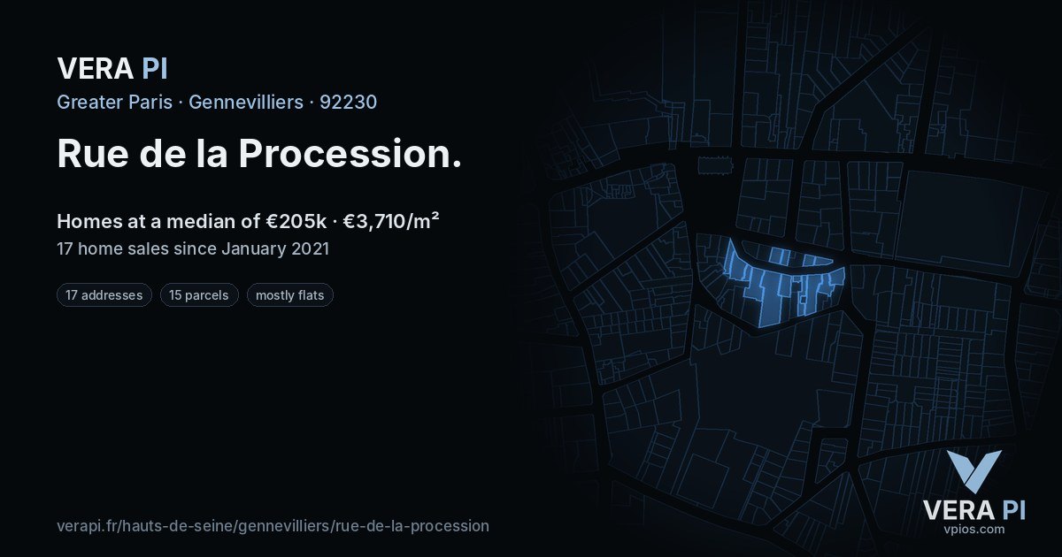 Rue de la Procession, Gennevilliers at night – every parcel coloured by the prices around it, the street's own parcels lit