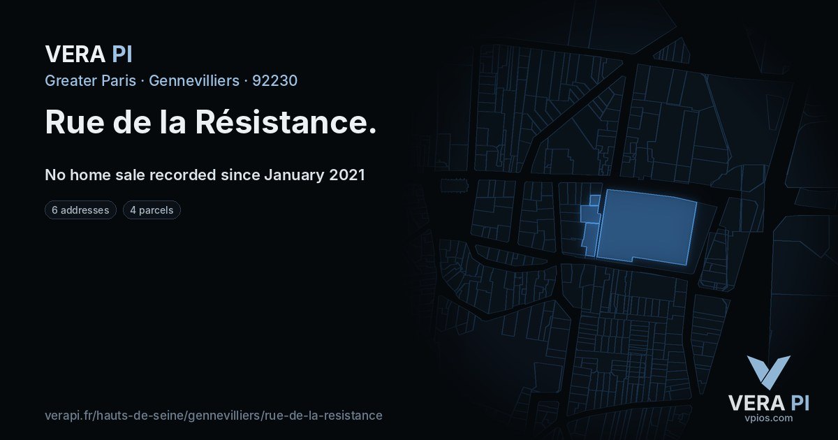 Rue de la Résistance, Gennevilliers at night – every parcel coloured by the prices around it, the street's own parcels lit