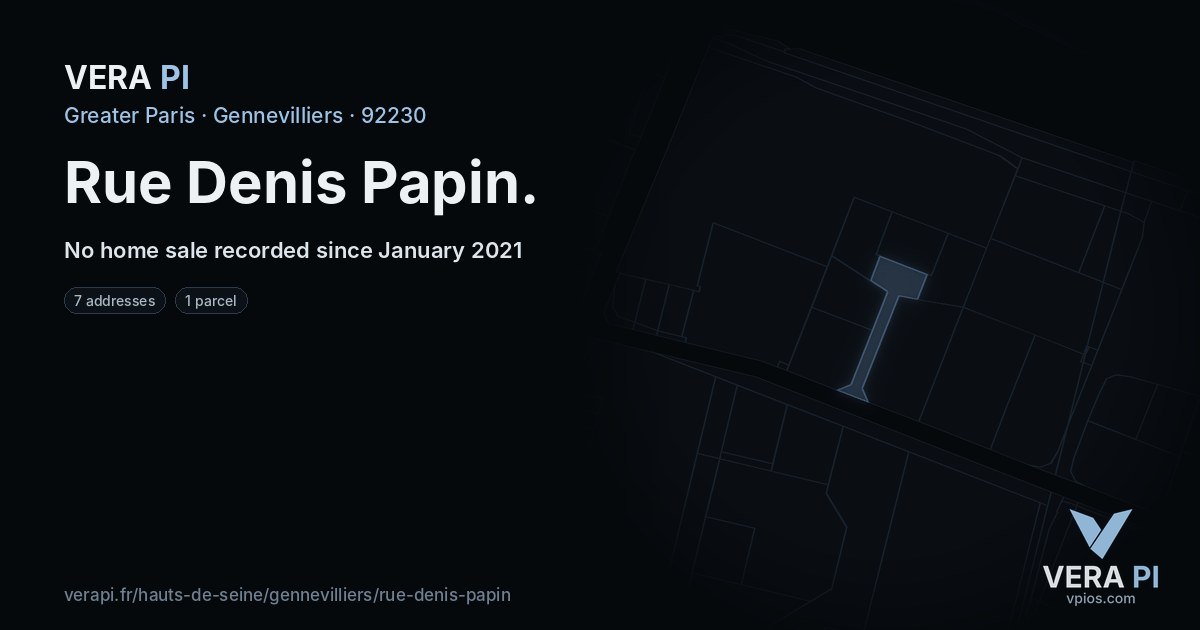 Rue Denis Papin, Gennevilliers at night – every parcel coloured by the prices around it, the street's own parcels lit