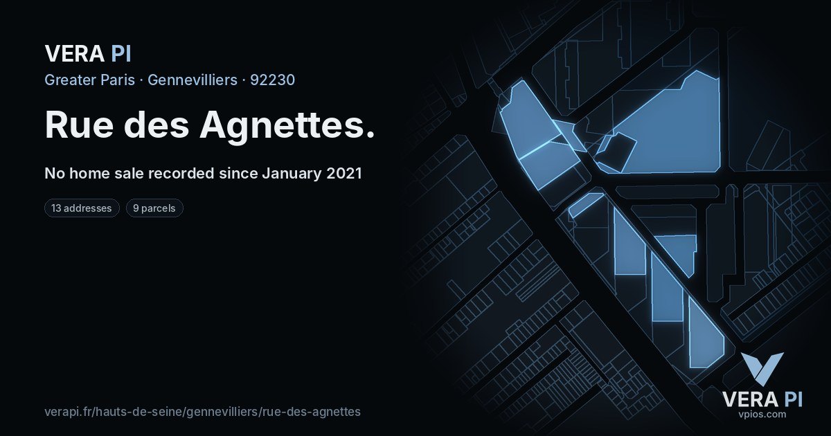 Rue des Agnettes, Gennevilliers at night – every parcel coloured by the prices around it, the street's own parcels lit
