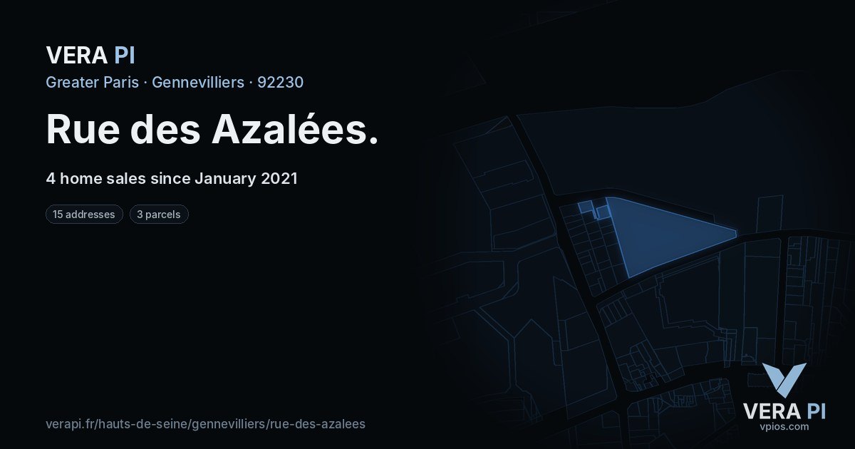 Rue des Azalées, Gennevilliers at night – every parcel coloured by the prices around it, the street's own parcels lit
