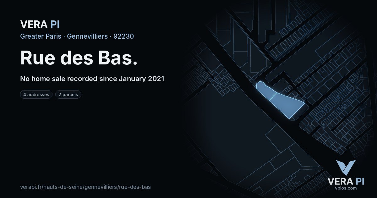 Rue des Bas, Gennevilliers at night – every parcel coloured by the prices around it, the street's own parcels lit