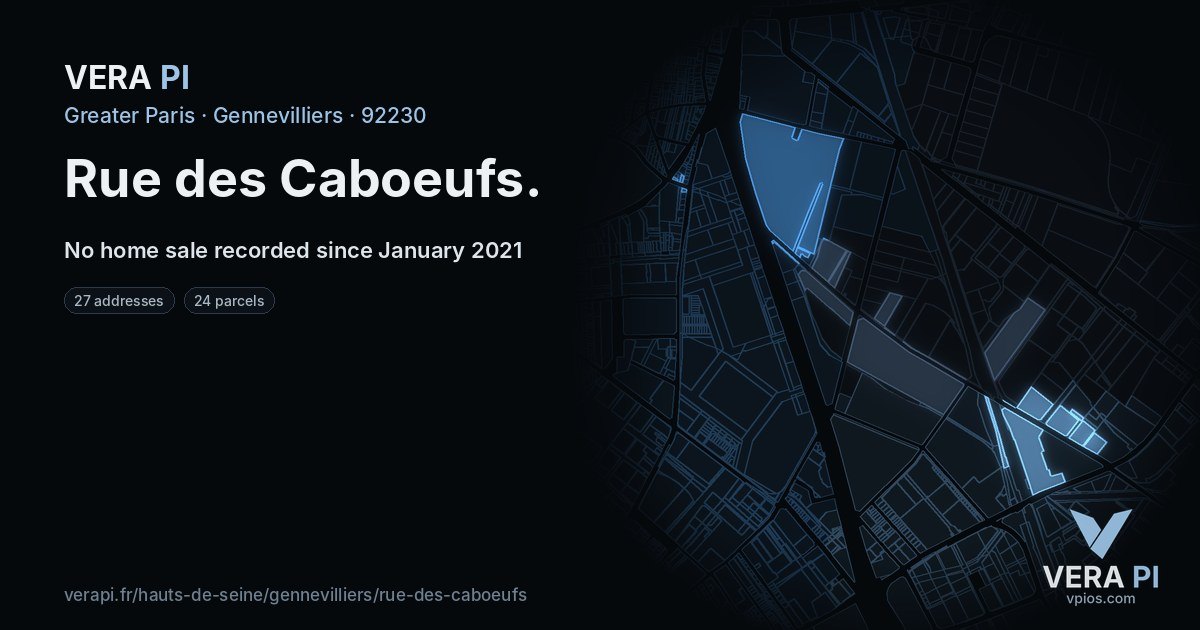 Rue des Caboeufs, Gennevilliers at night – every parcel coloured by the prices around it, the street's own parcels lit