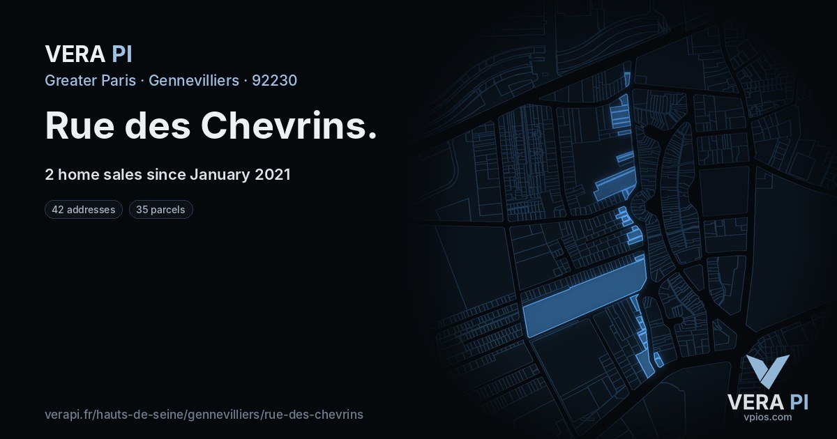 Rue des Chevrins, Gennevilliers at night – every parcel coloured by the prices around it, the street's own parcels lit