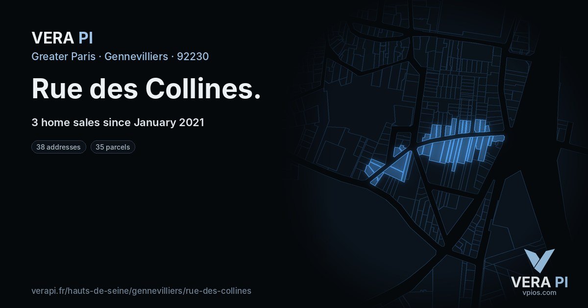 Rue des Collines, Gennevilliers at night – every parcel coloured by the prices around it, the street's own parcels lit