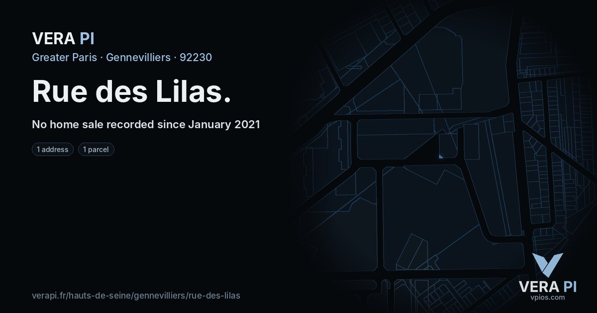 Rue des Lilas, Gennevilliers at night – every parcel coloured by the prices around it, the street's own parcels lit