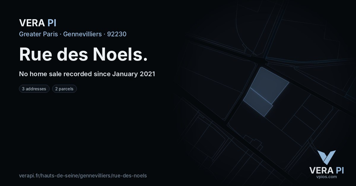 Rue des Noels, Gennevilliers at night – every parcel coloured by the prices around it, the street's own parcels lit