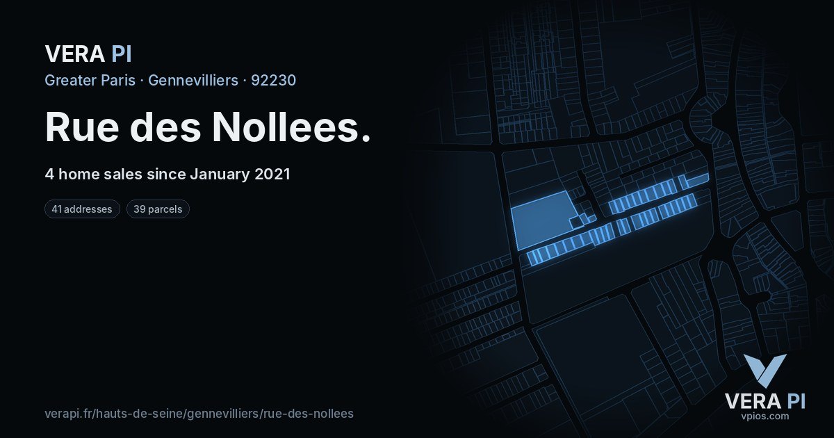 Rue des Nollees, Gennevilliers at night – every parcel coloured by the prices around it, the street's own parcels lit