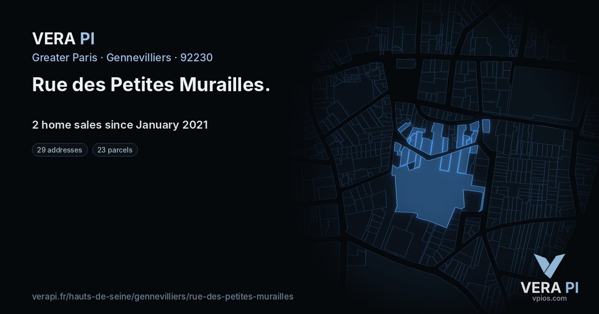 Rue des Petites Murailles, Gennevilliers at night – every parcel coloured by the prices around it, the street's own parcels lit