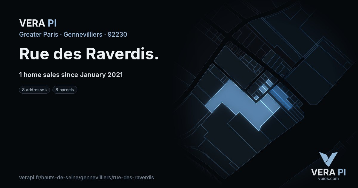 Rue des Raverdis, Gennevilliers at night – every parcel coloured by the prices around it, the street's own parcels lit