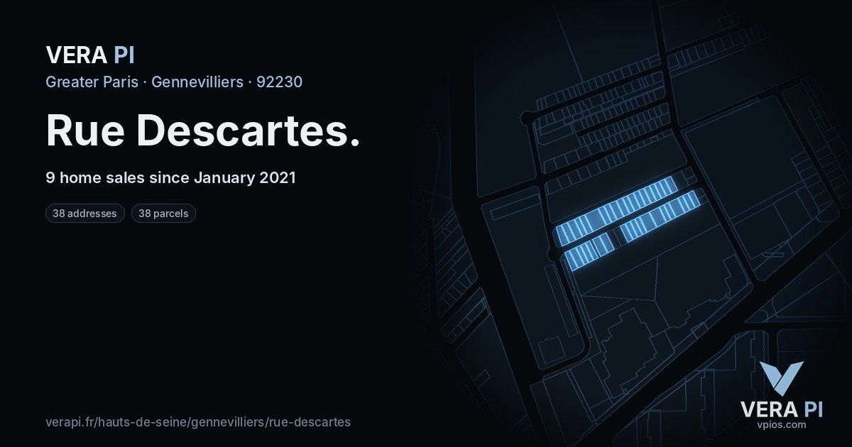 Rue Descartes, Gennevilliers at night – every parcel coloured by the prices around it, the street's own parcels lit