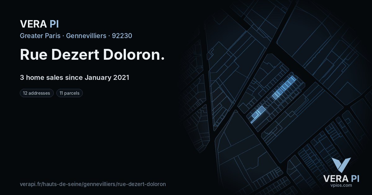 Rue Dezert Doloron, Gennevilliers at night – every parcel coloured by the prices around it, the street's own parcels lit
