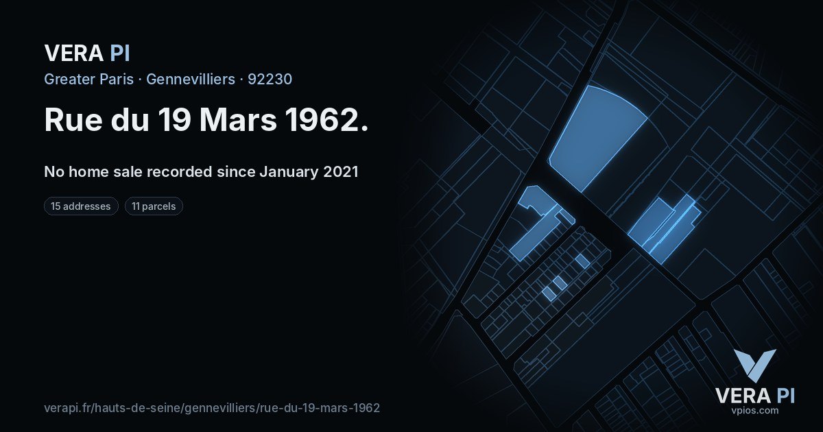 Rue du 19 Mars 1962, Gennevilliers at night – every parcel coloured by the prices around it, the street's own parcels lit