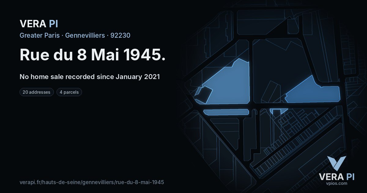 Rue du 8 Mai 1945, Gennevilliers at night – every parcel coloured by the prices around it, the street's own parcels lit