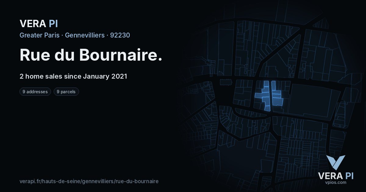 Rue du Bournaire, Gennevilliers at night – every parcel coloured by the prices around it, the street's own parcels lit