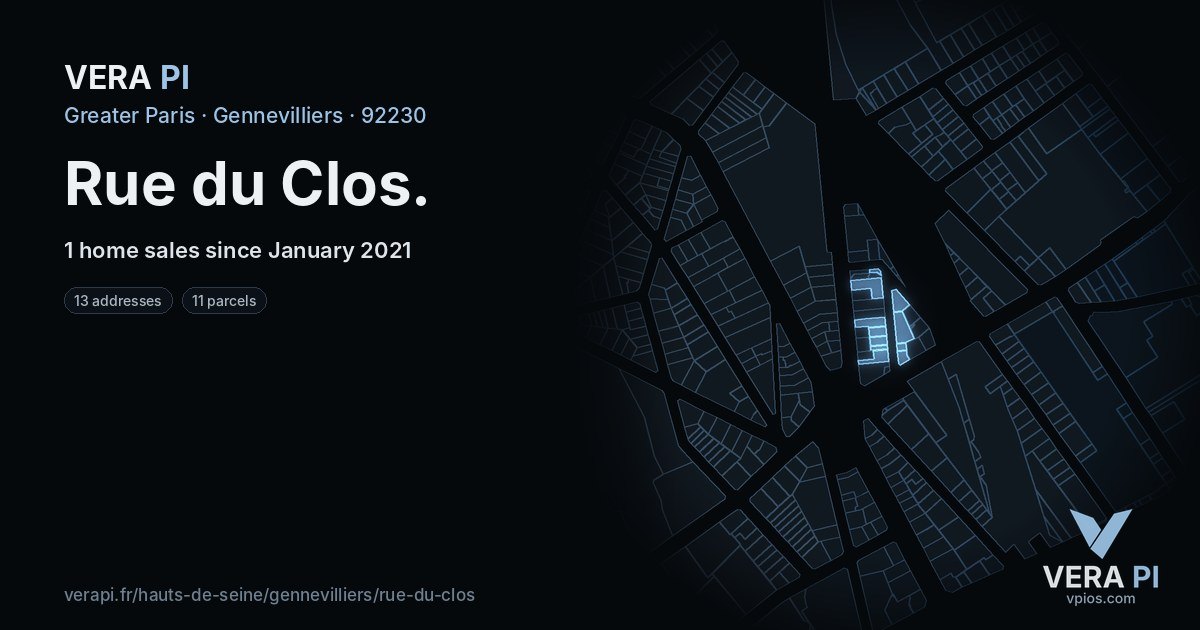 Rue du Clos, Gennevilliers at night – every parcel coloured by the prices around it, the street's own parcels lit