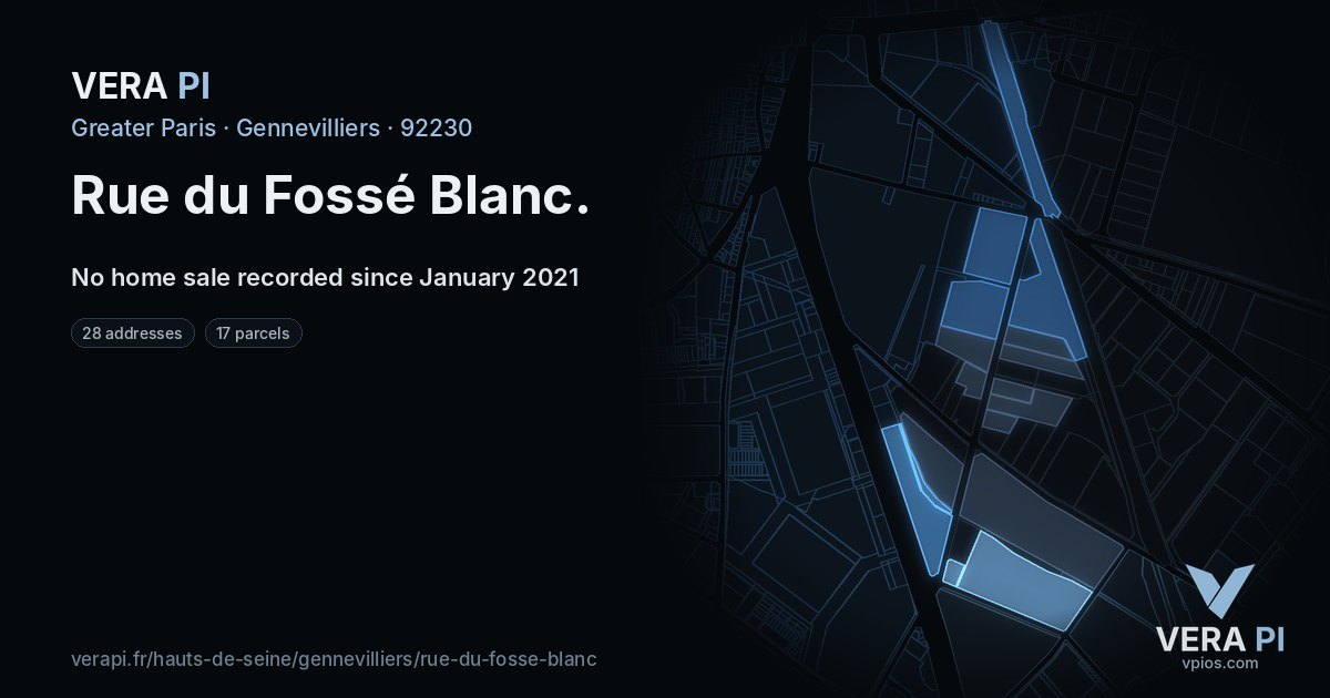 Rue du Fossé Blanc, Gennevilliers at night – every parcel coloured by the prices around it, the street's own parcels lit