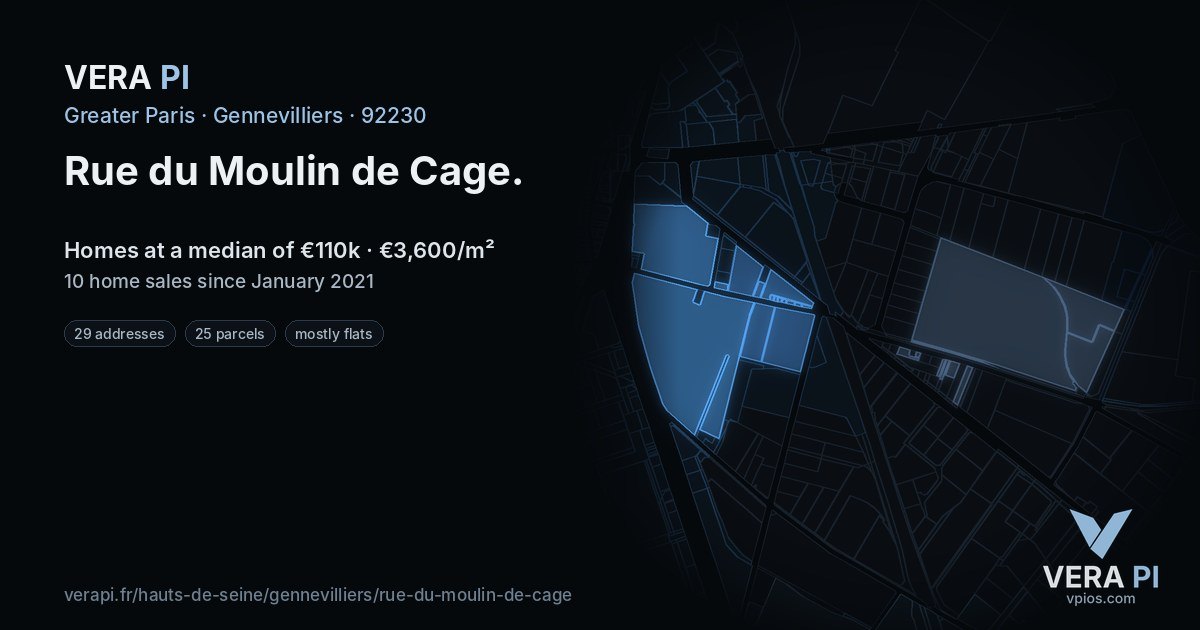Rue du Moulin de Cage, Gennevilliers at night – every parcel coloured by the prices around it, the street's own parcels lit