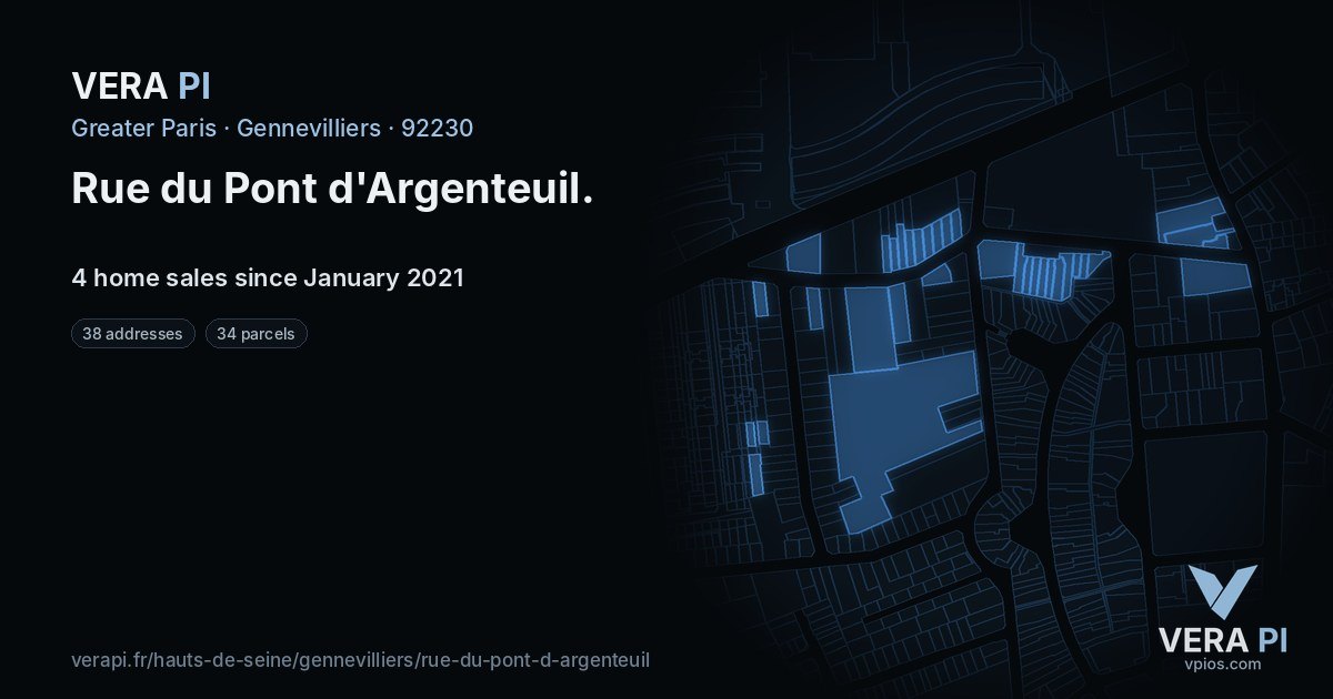 Rue du Pont d'Argenteuil, Gennevilliers at night – every parcel coloured by the prices around it, the street's own parcels lit