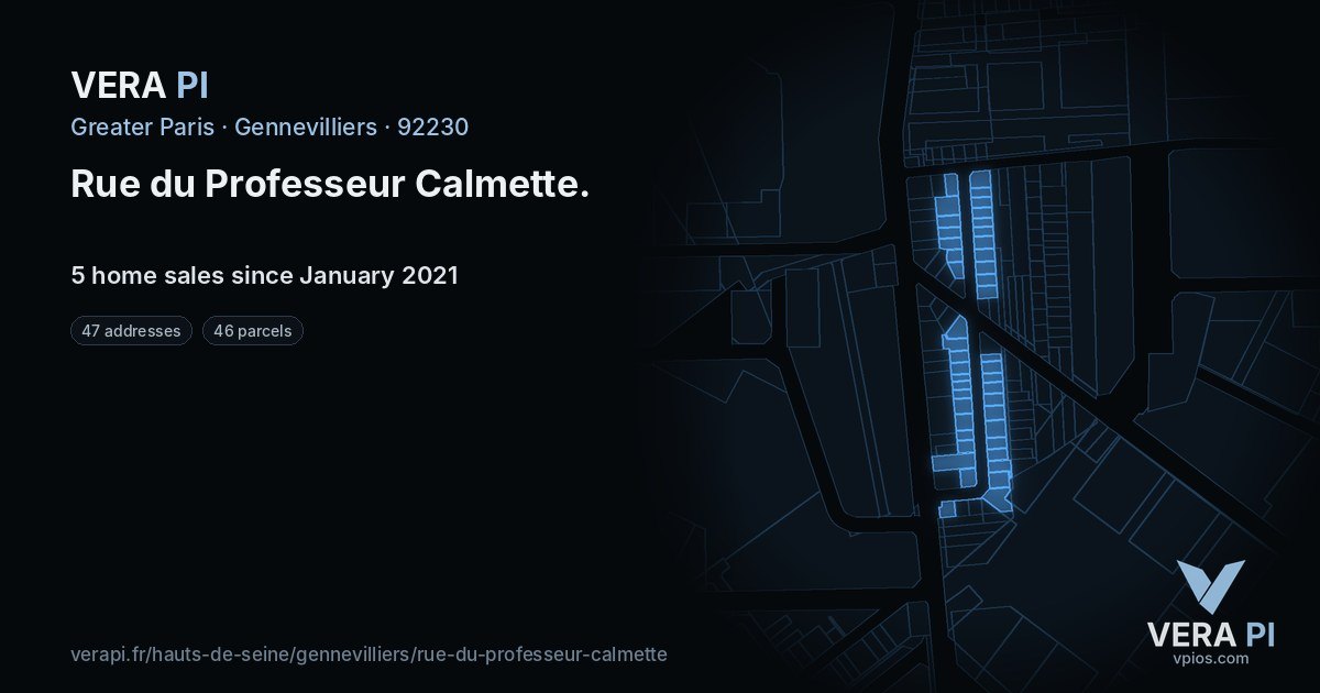 Rue du Professeur Calmette, Gennevilliers at night – every parcel coloured by the prices around it, the street's own parcels lit