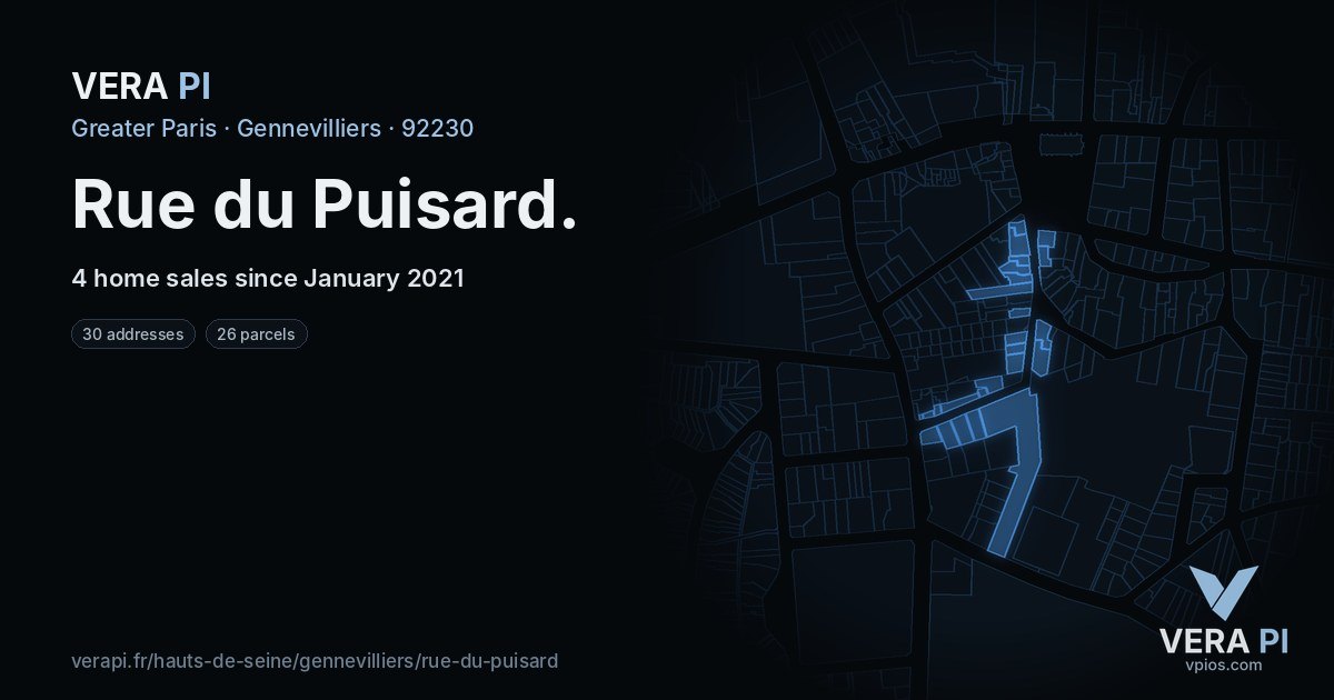 Rue du Puisard, Gennevilliers at night – every parcel coloured by the prices around it, the street's own parcels lit