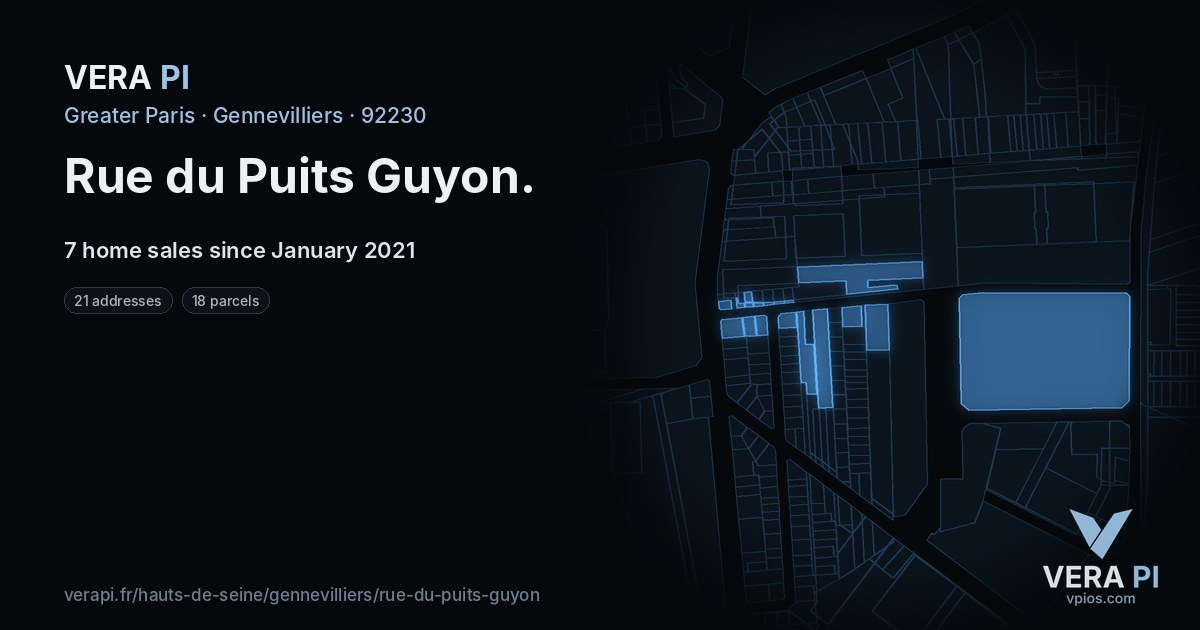 Rue du Puits Guyon, Gennevilliers at night – every parcel coloured by the prices around it, the street's own parcels lit
