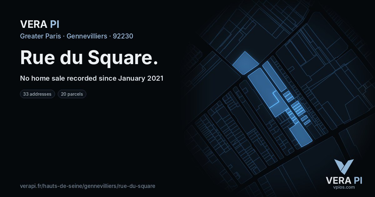 Rue du Square, Gennevilliers at night – every parcel coloured by the prices around it, the street's own parcels lit