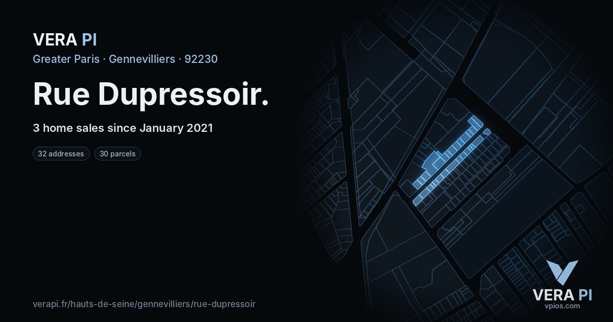Rue Dupressoir, Gennevilliers at night – every parcel coloured by the prices around it, the street's own parcels lit