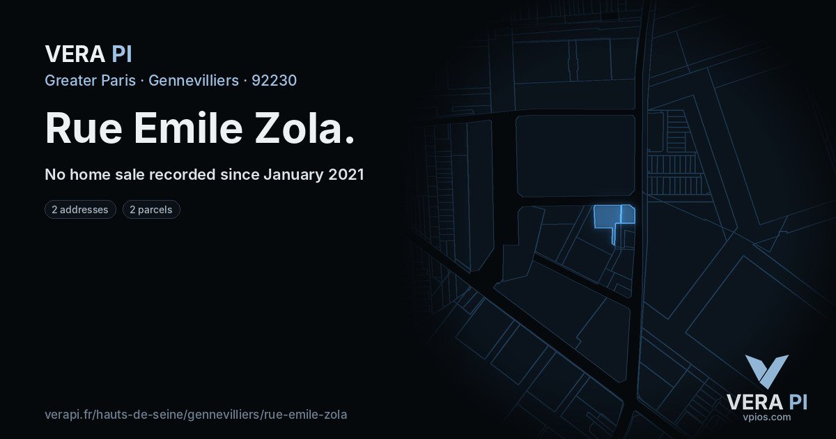 Rue Emile Zola, Gennevilliers at night – every parcel coloured by the prices around it, the street's own parcels lit