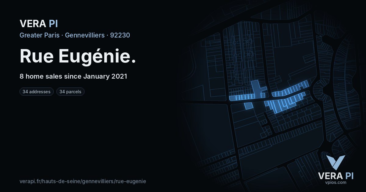 Rue Eugénie, Gennevilliers at night – every parcel coloured by the prices around it, the street's own parcels lit